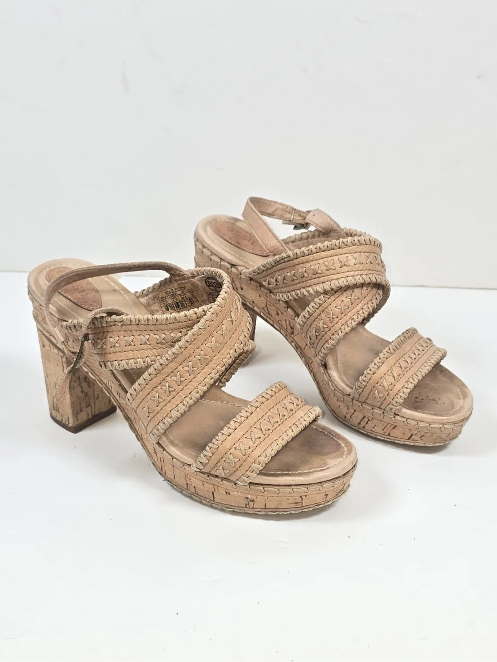 Fosil Cork Platform Sandals Tan Leather Cross-Stitch Block Heel Women’s Sz 6.5 - Picture 2 of 12
